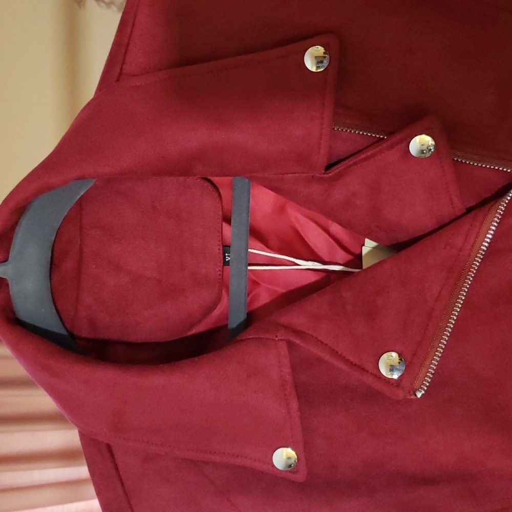 Burgundy (Faux) Suede Moto Jacket. Red Motorcycle Jacket XL. NWT. Express. - Picture 9 of 9